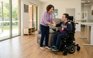Caregiver helping participant in wheelchair inside a supported independent living home