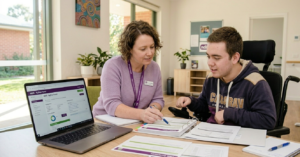 Support coordinator guiding participant through their NDIS plan